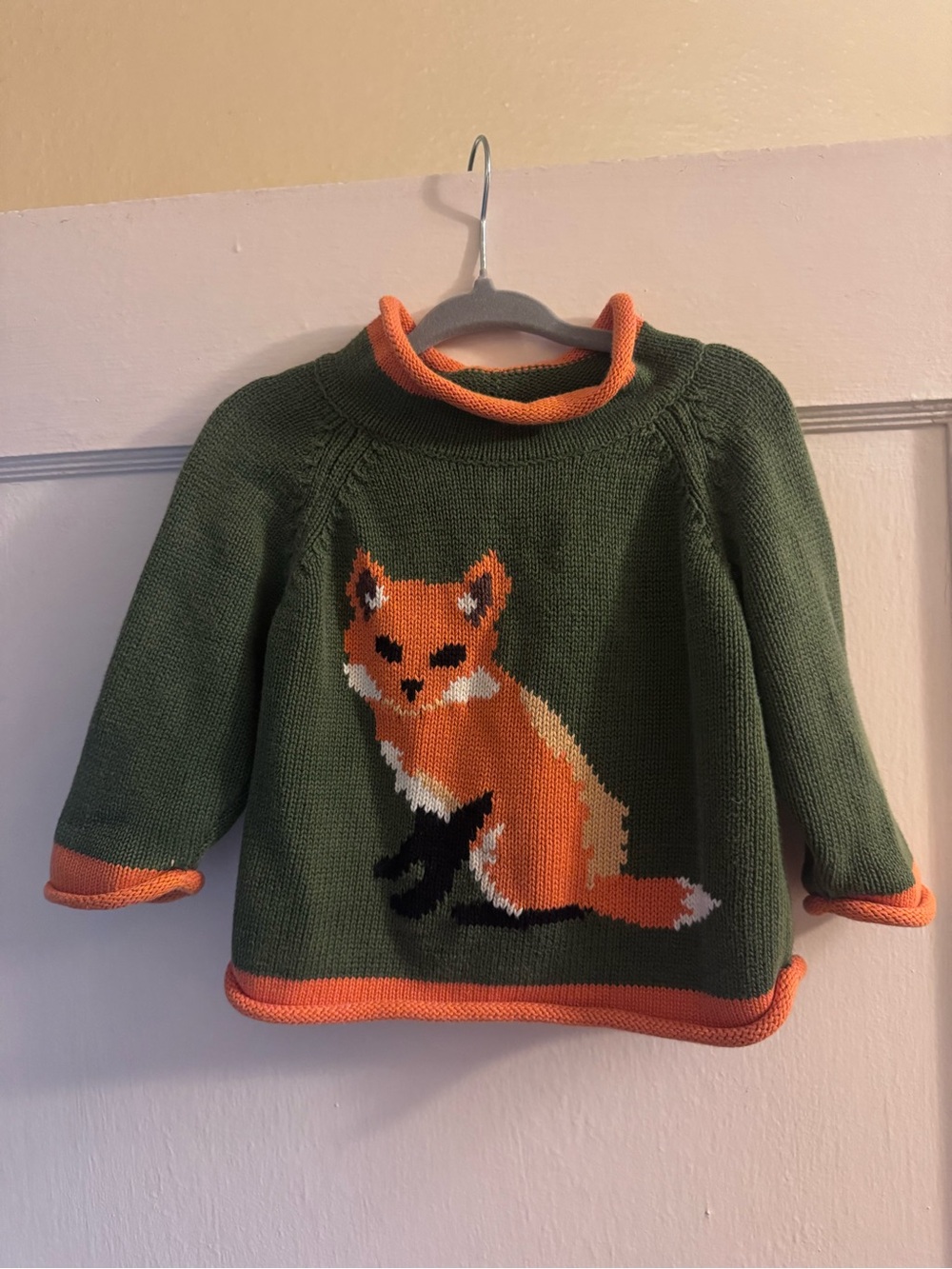 L.L. Bean Olive Green Baby Sweater with Orange Fox Motif